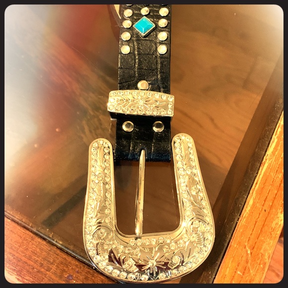 SOLD Belt Brown Leather Rhinestone Turquoise - Picture 4 of 4